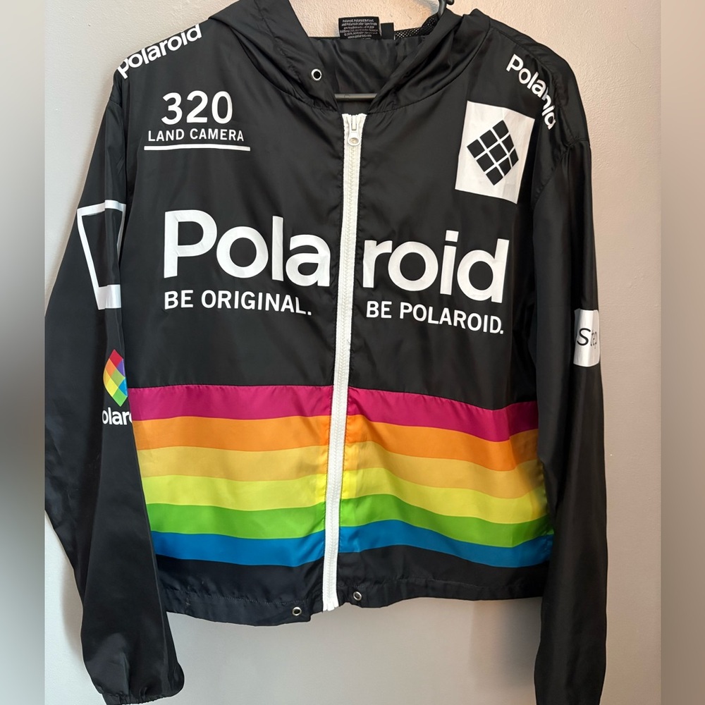 Polaroid Be Original Windbreaker Jacket with Colorful Rainbow Stripes Camera